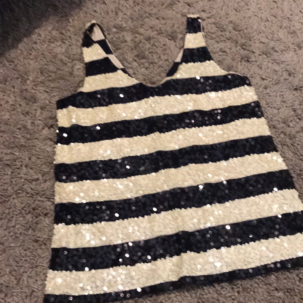Navy and white strip sequined tank